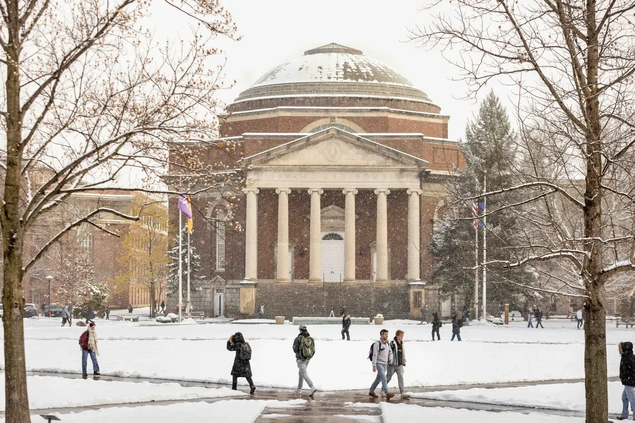 Exterior of Hendricks Chapel while snow falls.